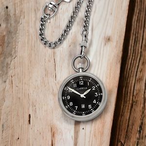Chisel Stainless Steel Black Dial Pocket Watch, 14.5 inch Chain